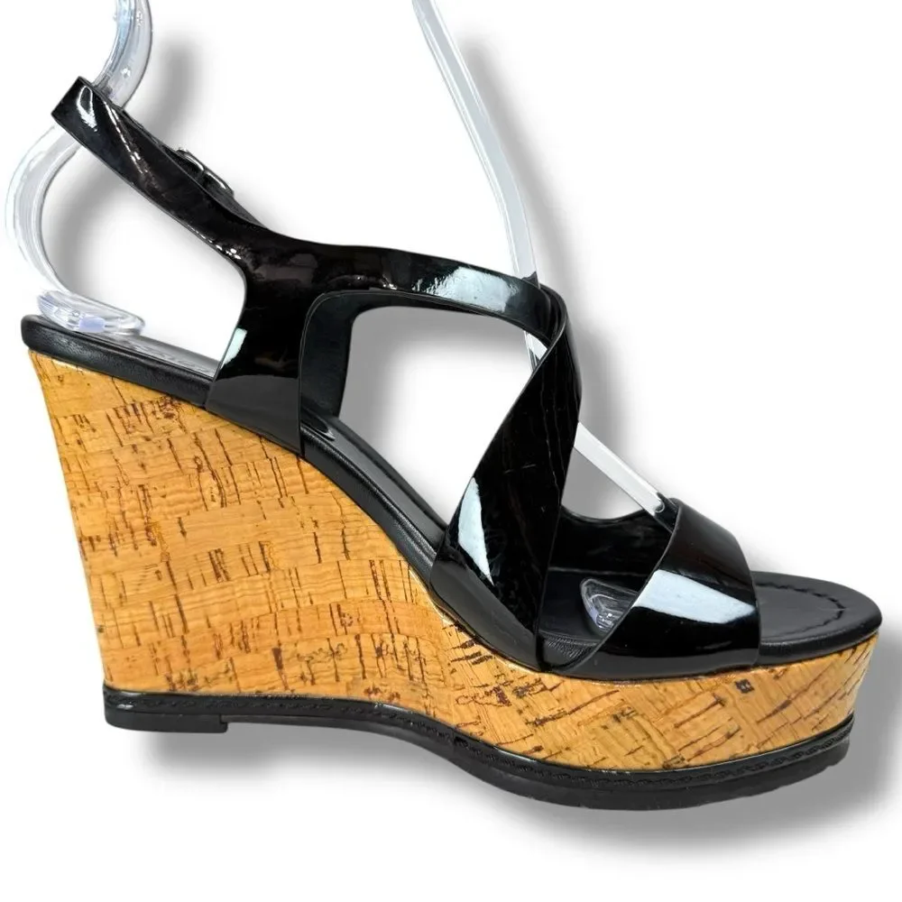 Donald J Pliner Camdyn Black Patent Leather Cork Wedge Sandals Womens Size 6